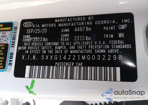 2021 Kia K5 Lxs z USA, uszkodzony, nr VIN 5XXG14J21MG032298